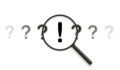 Search answer idea, problem solution concept. Exclamation point between question marks icon pattern. Magnifying glass zoom. Focus lens, transparent blur, morphism effect. Dot halftone, noise texture - 730369687