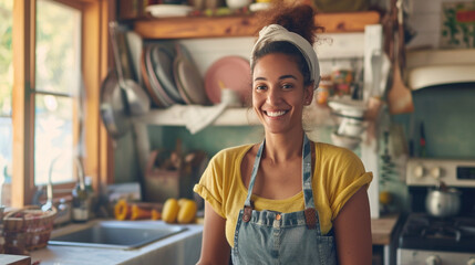 Obraz premium Portrait of delighted female homeowner renovating kitchen - Successful property updating for boosting house value and creating comfortable living conditions - Residential construction work