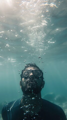 Submerged Struggle: A Man Underwater, Struggling Against Suffocation, Capturing the Tension and Desperation of a Fight for Breath in the Depths