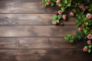 Background. Roses, flowers over rustic wood background.