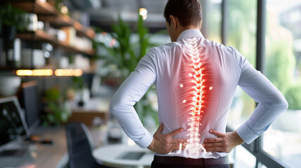 holding his back in pain. Medical concept.