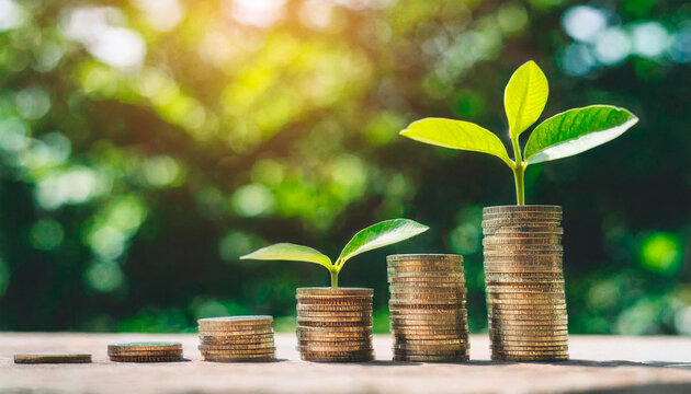 Set of stacked coins and small green plants growing on top. Financial investment planning concepts with green economy logic. Social and environmental sustainability.
