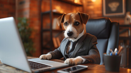 dog with laptop in business attire