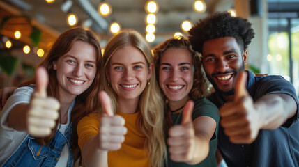 a group of colleagues showcasing thumbs up gestures in a casual and stylish setting - obrazy, fototapety, plakaty