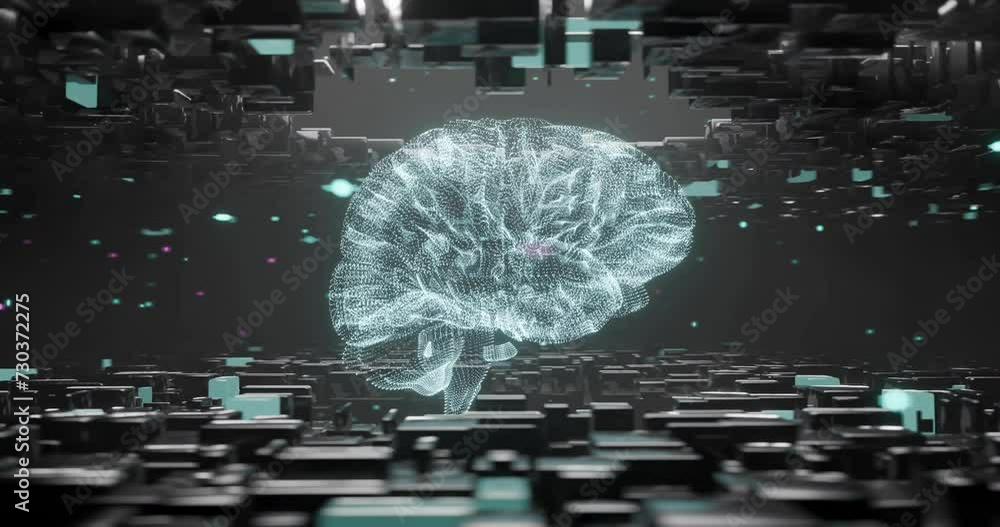 Poster animation of human brain and ai data processing over black background