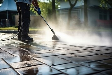 Pressure washing patio tiles for deep cleaning - obrazy, fototapety, plakaty