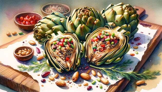 Artistic watercolor painting of Stuffed Artichokes with Quinoa and Pine Nuts, emphasizing the dish's gourmet appeal and vibrant colors.
