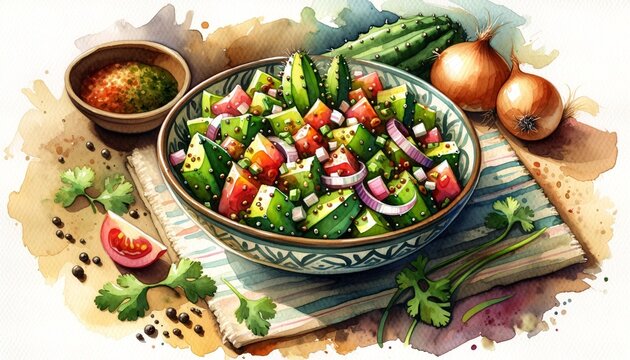 Artistic watercolor painting of Cactus Salad, showcasing vibrant ingredients and the beauty of vegetarian cuisine.
