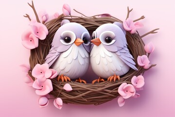 Artistic portrayal of Valentine's Day joy: a pair of birds in a creatively decorated nest surrounded by colorful blooms.