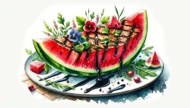 Artistic watercolor painting of Watermelon Steak, highlighting the vibrant and innovative spirit of vegetarian cuisine.
