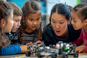 Elementary school coding: Teacher demonstrating mechanical robot programming to engaged young students during classroom STEM activity