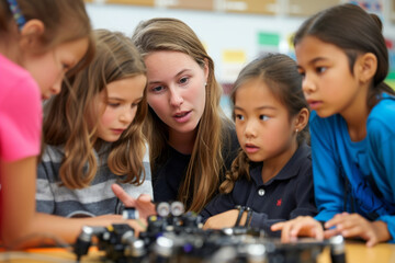 Elementary school coding: Teacher demonstrating mechanical robot programming to engaged young students during classroom STEM activity