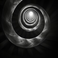 Artistic Spiral Staircase in Monochrome, a monochromatic image showcasing an artistic and spiral staircase, playing with light and shadow for a dramatic effect.