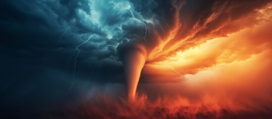 Tornado alarm near dark sky and incoming tempest