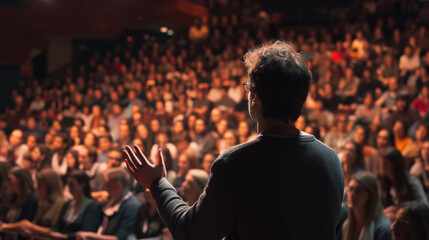 Speaker talking at a conference in front of a big crowd - obrazy, fototapety, plakaty