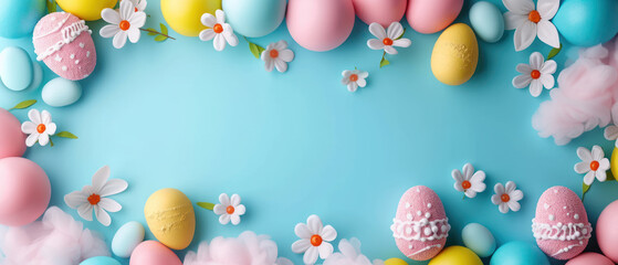Fototapeta na wymiar Joyful Easter Arrangement with Pastel Eggs and Spring Flowers.