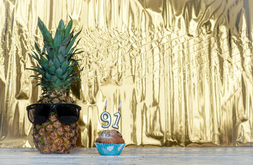 Cheerful pineapple in glasses festive happy birthday character with number  91. Beautiful...