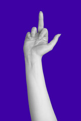 Abstract hand gesture of showing middle finger in air. Black and white woman hand isolated on blue color background