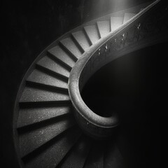 Artistic Spiral Staircase in Monochrome, a monochromatic image showcasing an artistic and spiral staircase, playing with light and shadow for a dramatic effect.