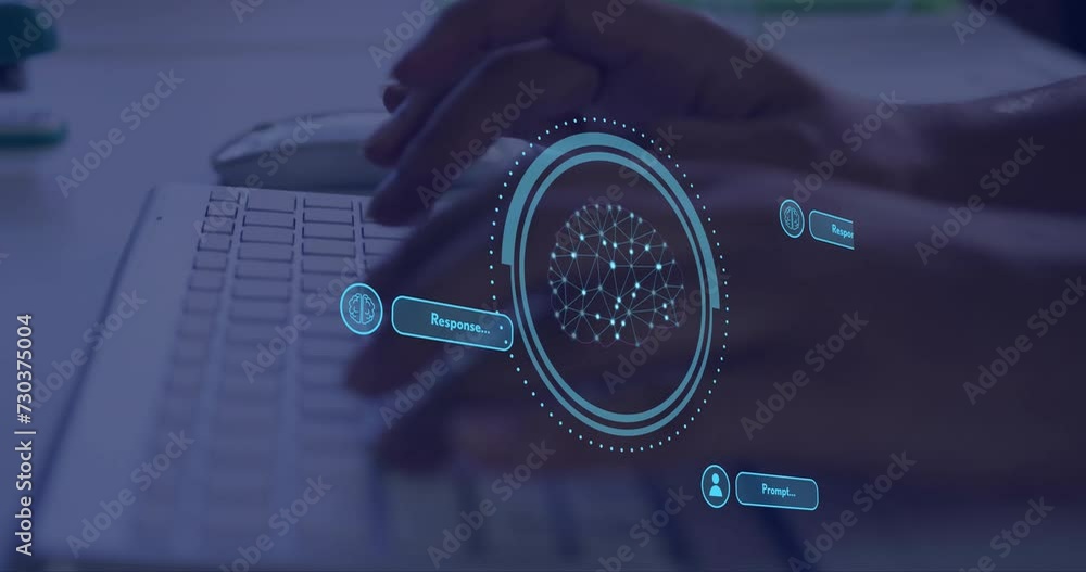 Poster animation of ai brain and data processing and brain over man using computer
