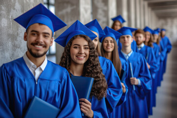 Diverse group of young joyful people wearing blue graduation gowns standing indoors in a row and looking cheerful at camera with diplomas in hands. Happy graduate students portrait