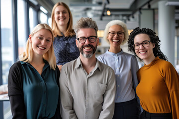 Fototapeta premium Group of diverse business people smiling happily in an office portrait