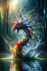 A vivid splash of colorful liquid art resembling a dragon, set against a mystical forest backdrop with reflections on water.Digital art concept. AI generated.