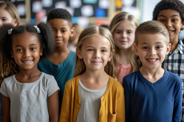 Group of elementary school students standing together in a classroom