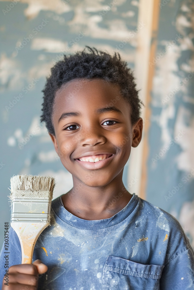 Wall mural Happy young African American boy confidently holding a painting brush during home renovation