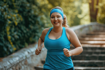 Happy smiling overweight woman jogging in park in summer. Portrait of cheerful beautiful fat plump chubby stout young lady in blue sports bra and sweatband running down stone steps in green city park