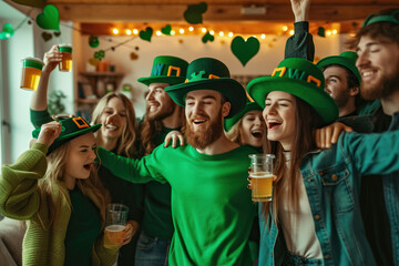 Happy smiling young people friends men and women in funny green clothes and hats having party and dancing having fun in the living room at home celebrating Saint Patrick's Day together