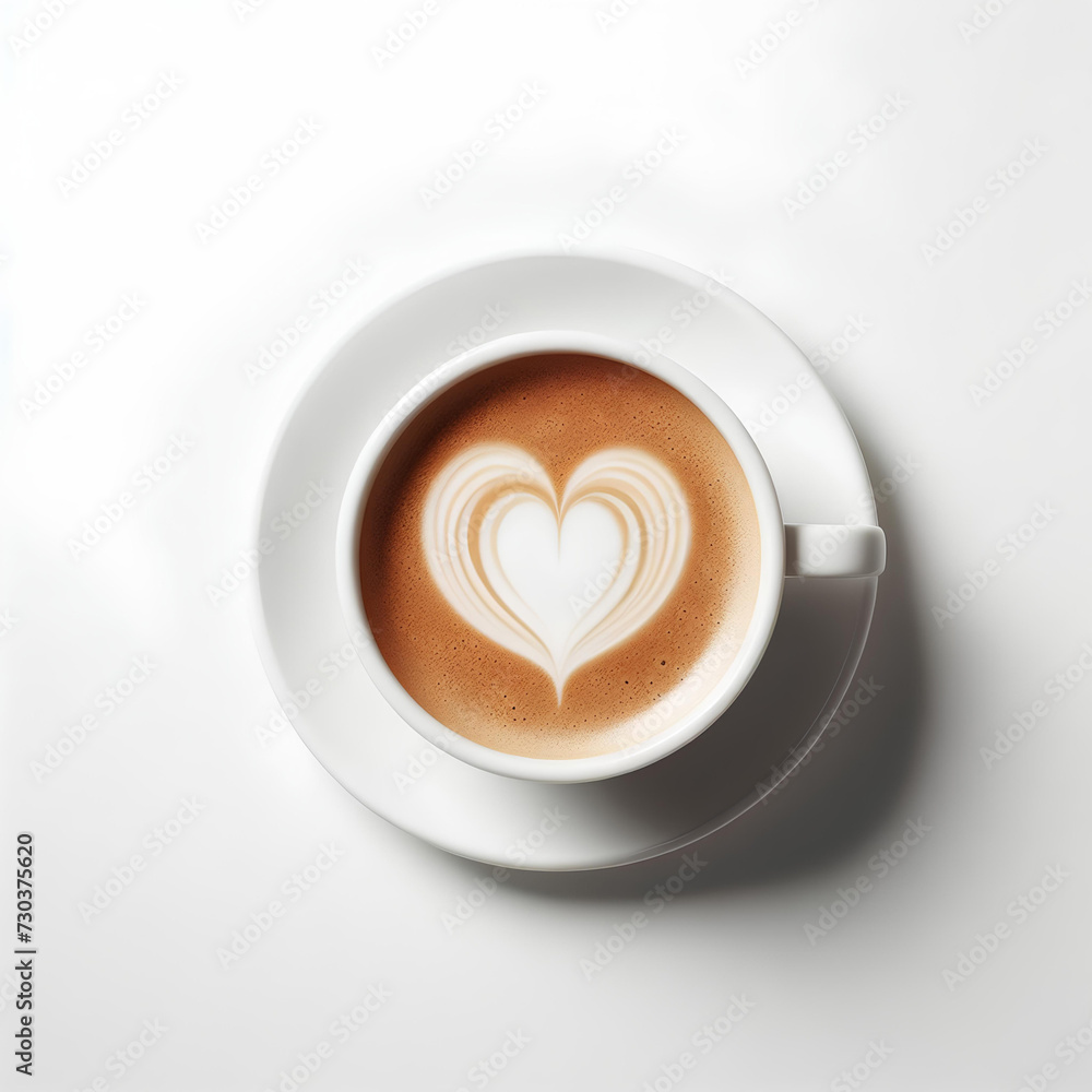 Poster white coffee cup with heart shape isolated on white background, top view