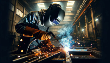 Skilled welder in protective gear performing welding work in an industrial environment with sparks flying.Skilled worker concept. AI generated.