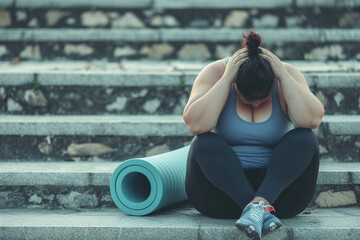 Overweight woman tired after workout. Fat chubby girl in sportswear with fitness mat sits down on stone steps outside gym, holds her head, feels sad and exhausted. Sport, fatigue, frustration concept