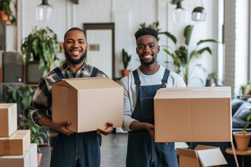 Portrait of a two African American young male happy smiling employee of moving service in overall standing in the living room of new house holding cardboard boxes in hands 