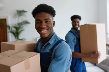 Portrait of a two African American young male happy smiling employee of moving service in overall standing in the living room of new house holding cardboard boxes in hands 