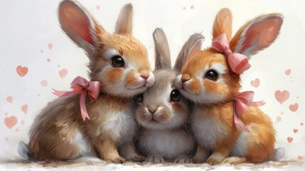 A couple of rabbits sitting next to each other