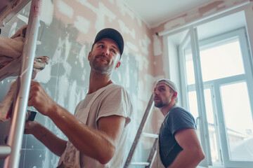 Fototapeta na wymiar Two men, expert painters at work during a house renovation. Construction prowess transforms walls, enhancing the beauty of the apartment and the essence of home.