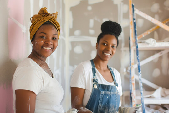 Two African American women, expert painters at work during a house renovation. Construction prowess transforms walls, enhancing the beauty of the apartment and the essence of home.