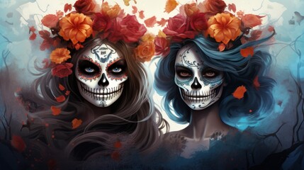Elegant horror in strokes-vintage-inspired drawing of two girls with sugar skull makeup, a hauntingly beautiful Mardi Gras depiction.