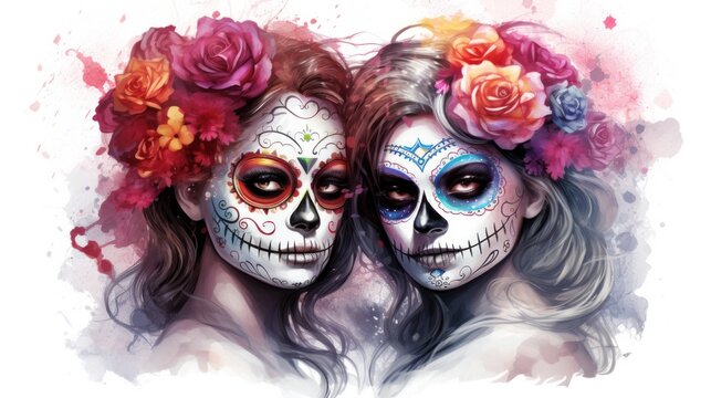 Dark fantasy in every stroke-illustrated portrait of two girls with sugar skull makeup, a celebration of Mardi Gras in gothic style.