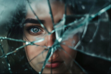 shrill woman behind a broken glass