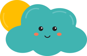 Cute cloud with sun, cloudiness, overcast, nebulosity. Smiling cloud. Bad raining weather element.