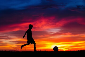 Silhouette of a soccer player against a stunning sunset sky. Boy kicks a ball with colorful background. Athlete futbol player at dusk.