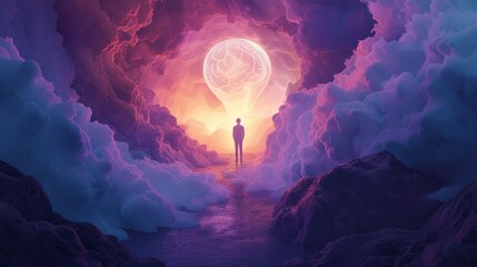 A dreamlike 2D illustration portraying a person lost in thought, symbolizing imagination, ideas, and knowledge