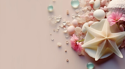 Sea shore background with beautiful sells, fishstars and stones