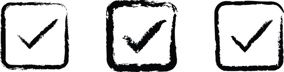 Check mark, CheckBox symbol. Black grunge check mark collection. Hand drawn check signs isolated background. Vector illustration