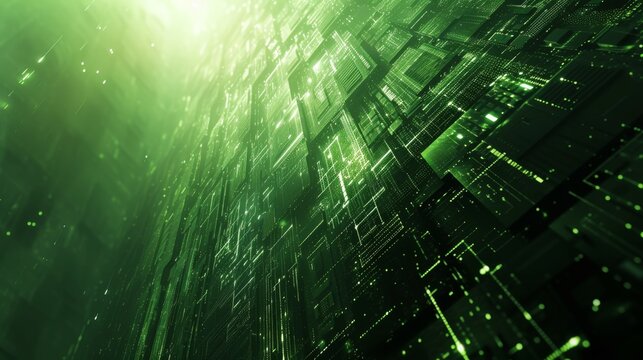 Neon green data streaming in computer motherboard circuit chip. Network technology internet concept wallpaper. Matrix design.