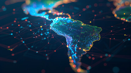 Fototapeta premium Abstract digital map of South America, South American global network concept and connectivity, data transfer and cyber technology, information exchange and telecommunications.