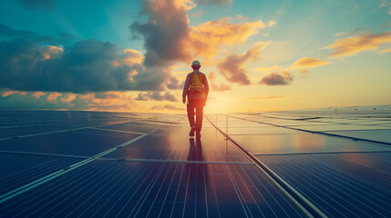 picture of worker with hat and uniform walking on solar panels that can be use for green tech and ecology topics - obrazy, fototapety, plakaty